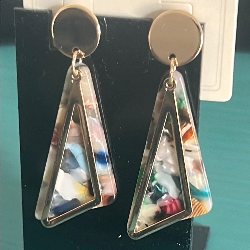 New Lot 5 Pais of Gold Wood and Multicolor Art Deco Boho Style Drop Earrings Set - Picture 4 of 12
